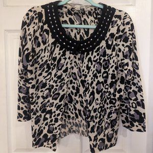 Merino Wool Sequin Embellished Neckline White Leopard Print 3/4 Sleeve Cardigan